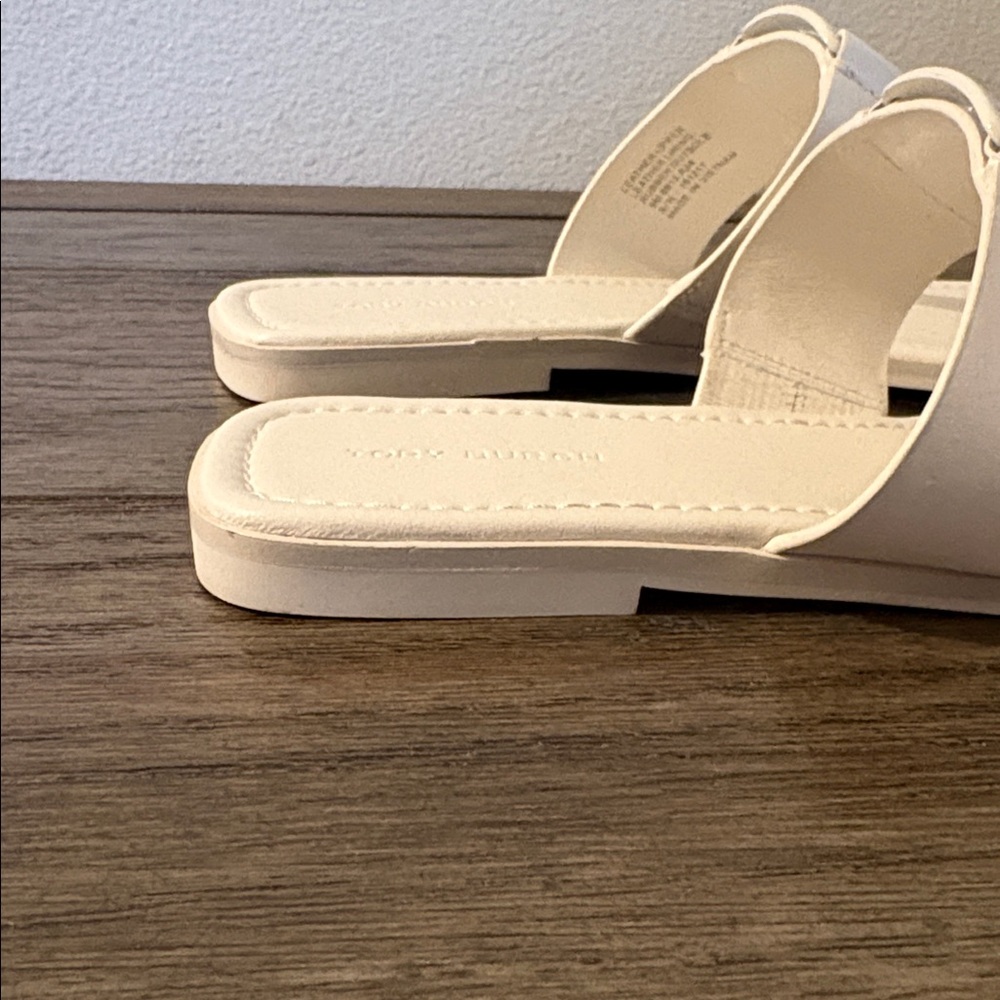 EUC [TORY BURCH] Georgia Logo Toe Slide Sandals Smooth White Leather Women’s 9 - Picture 10 of 12